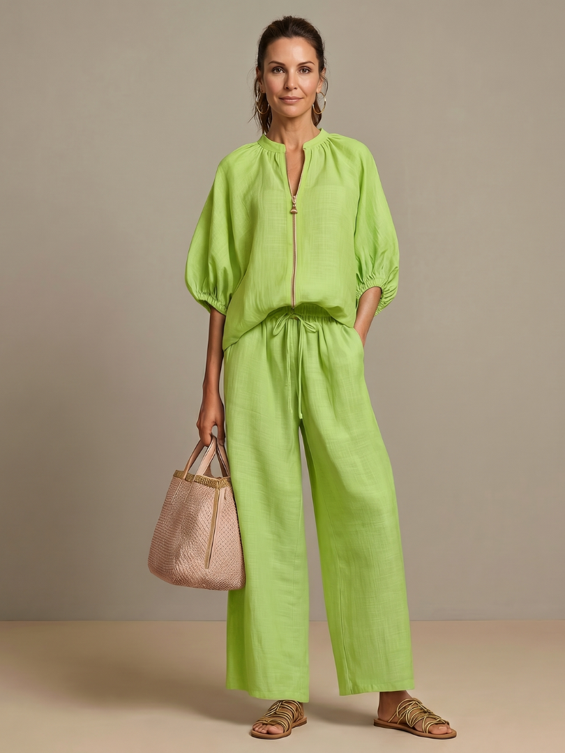 Sharina | Conjunto Blusa Cremallera Pantalón Ancho