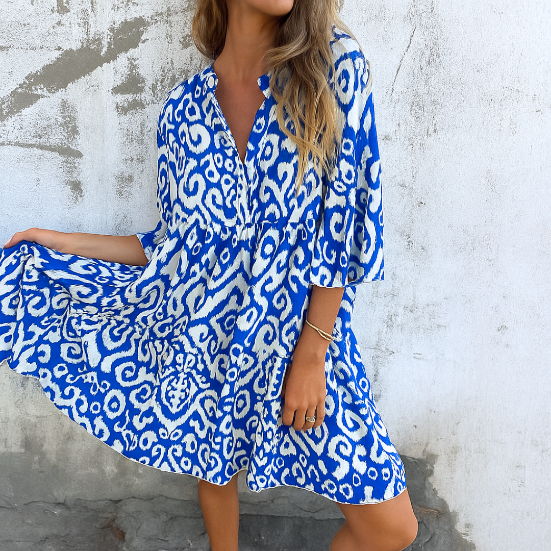 Shaffer | Vestido MIDI Con Cuello en V Y Corte Fruncido Estampado