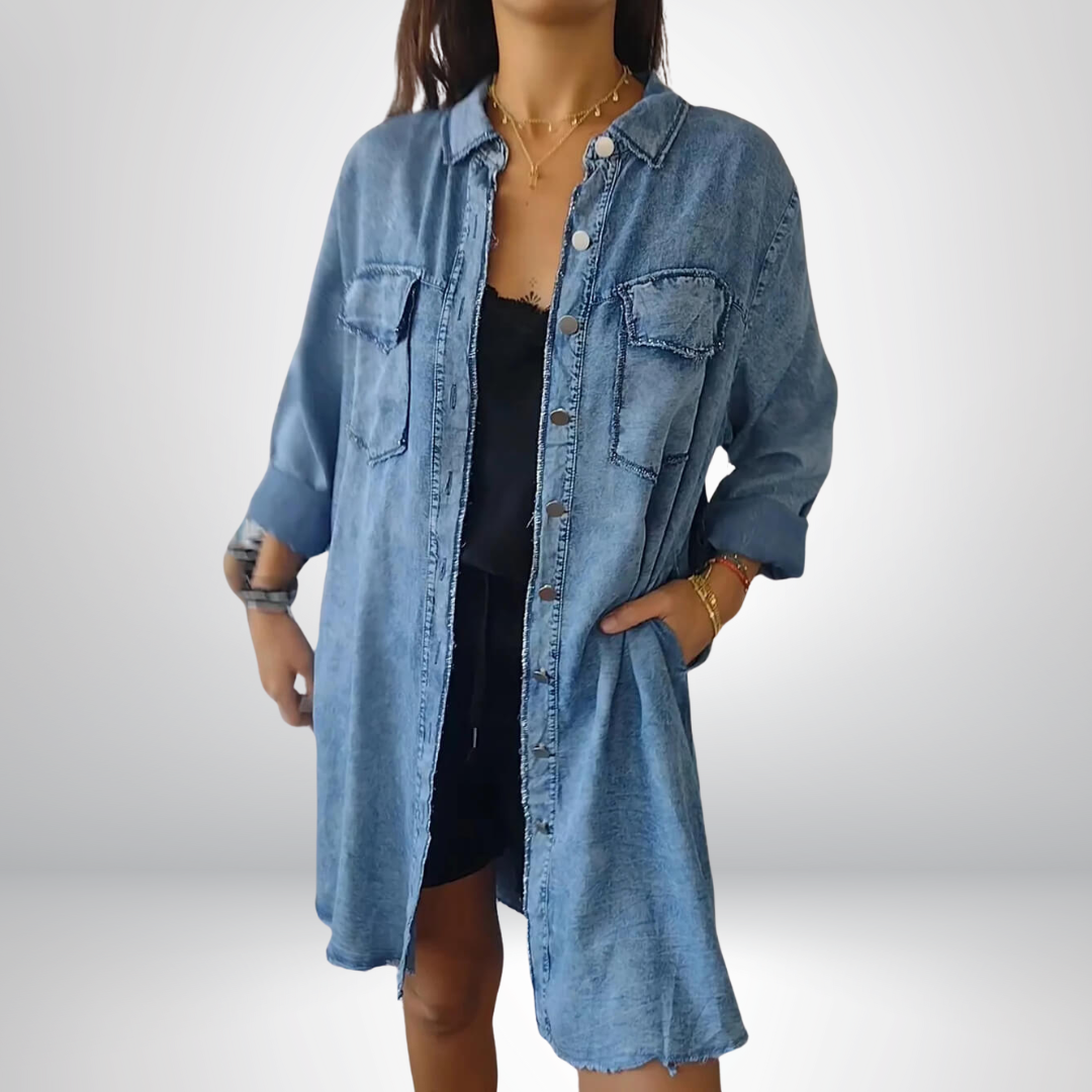 Krystyna | Chaqueta Vaquera de Manga Larga Con Cuello y Corte Largo
