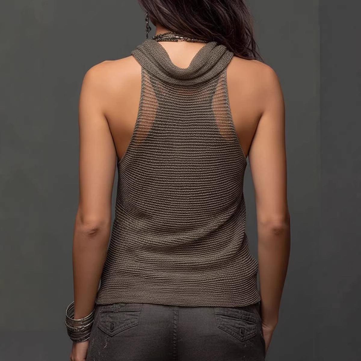 Anjila - Top sin Mangas con cuello Vuelto y Corte Drapeado