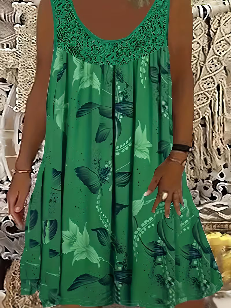 Samudri | Vestido Sin Mangas De Corte en a Con Estampado Floral Panel De Encaje Y Cuello Redondo