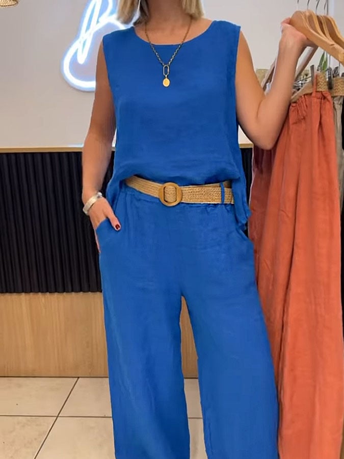 Leonila | Conjunto de Dos Piezas Top Sin Mangas y Pantalones de Pierna Ancha
