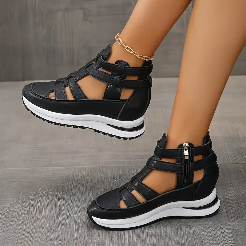 Souad - Sandalias de cuña con plataforma y tiras caladas con cremallera