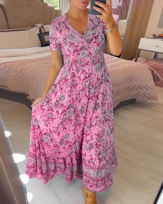Wibia | Vestido Midi De Manga Corta Con Estampado Floral, Cuello en V Y Botones en La Parte Delantera