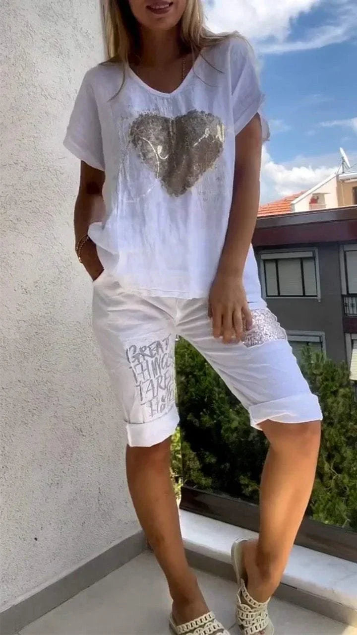 Varessa -  Conjunto Informal De Dos Piezas Compuesto Por Un Top Con Cuello En V Y Unos Pantalones Cortos Estampados