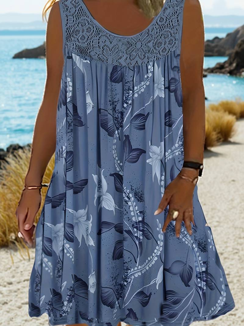 Samudri | Vestido Sin Mangas De Corte en a Con Estampado Floral Panel De Encaje Y Cuello Redondo