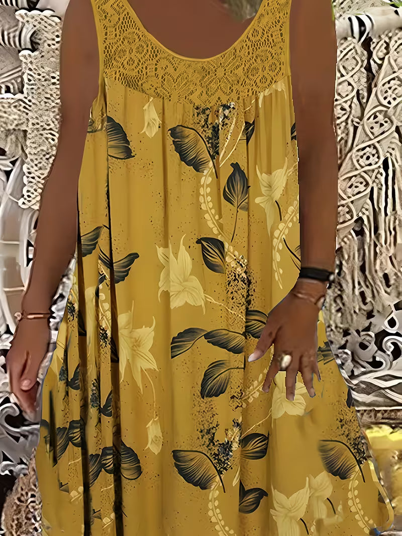 Samudri | Vestido Sin Mangas De Corte en a Con Estampado Floral Panel De Encaje Y Cuello Redondo