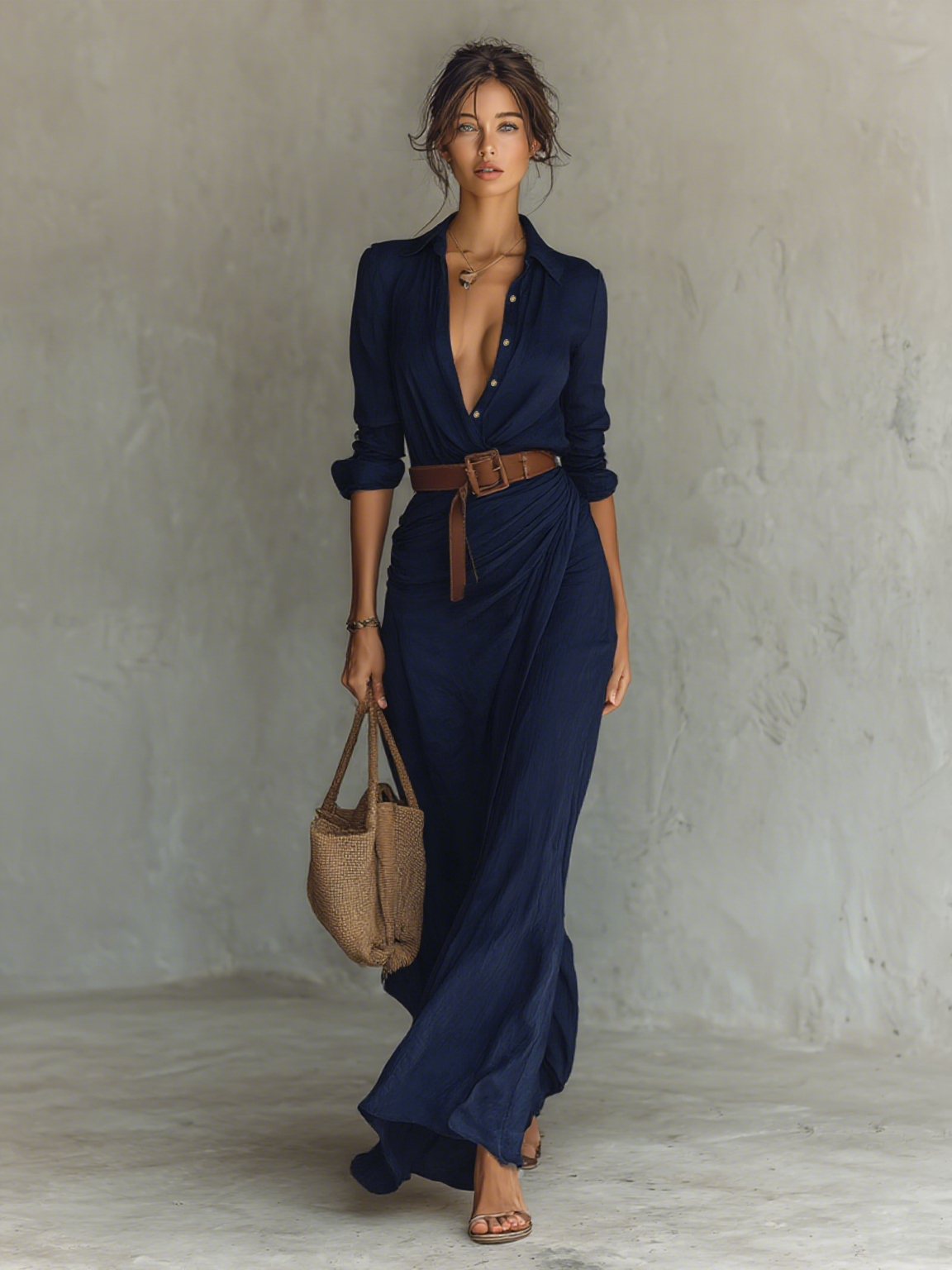 Moona | Vestido Largo de Manga Larga Con Cuello de Solapa