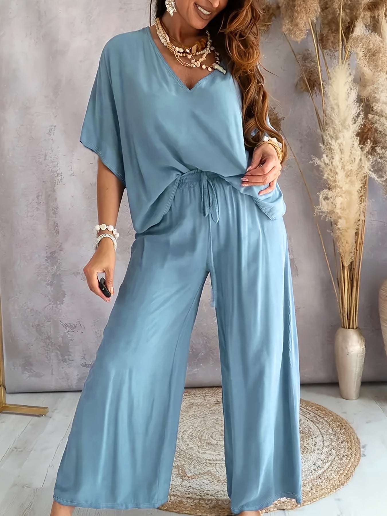 Essime | Conjunto De Dos Piezas Con Cuello en V Y Pantalones De Pierna Ancha