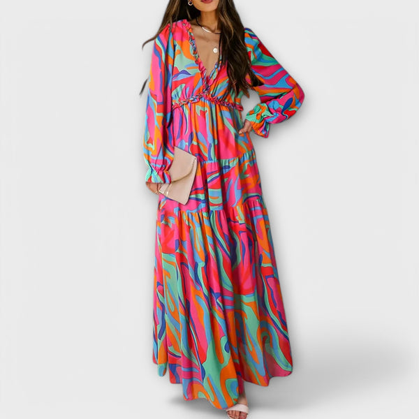 Vanna | Vestido Largo Floral con Escote en V y Manga Larga