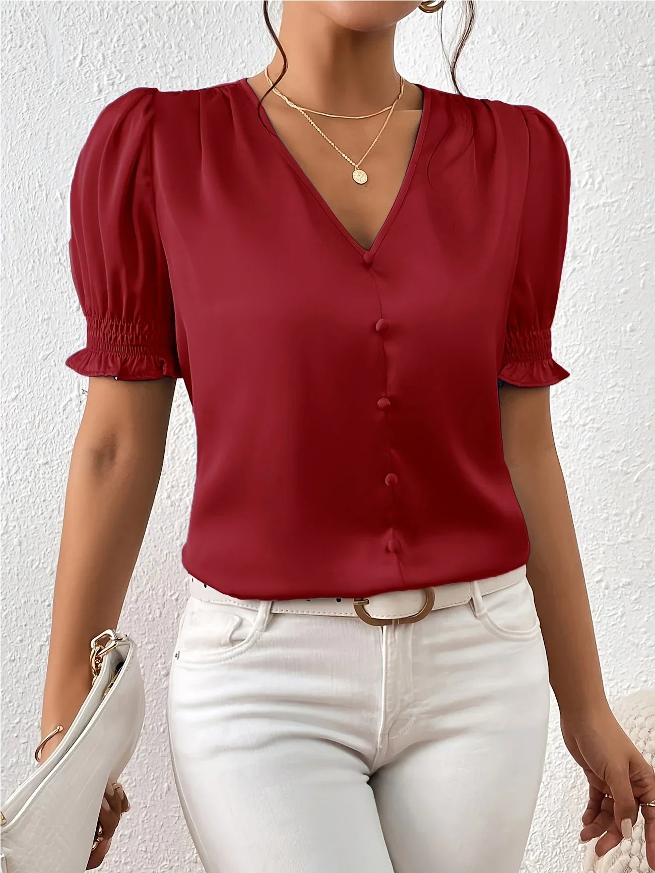 Abella | Blusa Con Cuello en V Mangas Abullonadas y Botones en la Parte Delantera