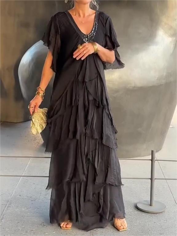 Carlijn - Vestido Largo con Volantes y Cuello en V, manga Corta