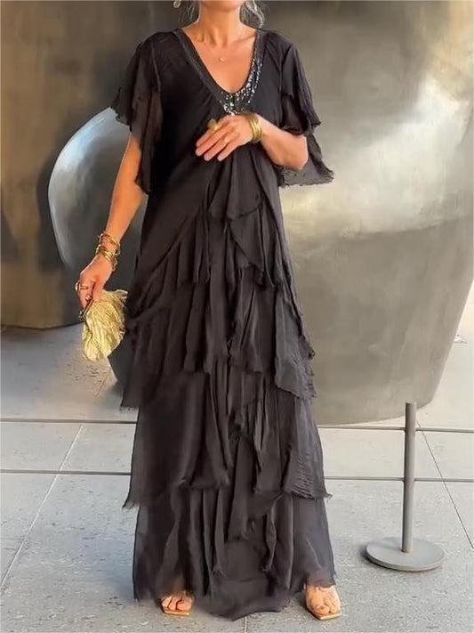 Carlijn - Vestido Largo con Volantes y Cuello en V, manga Corta