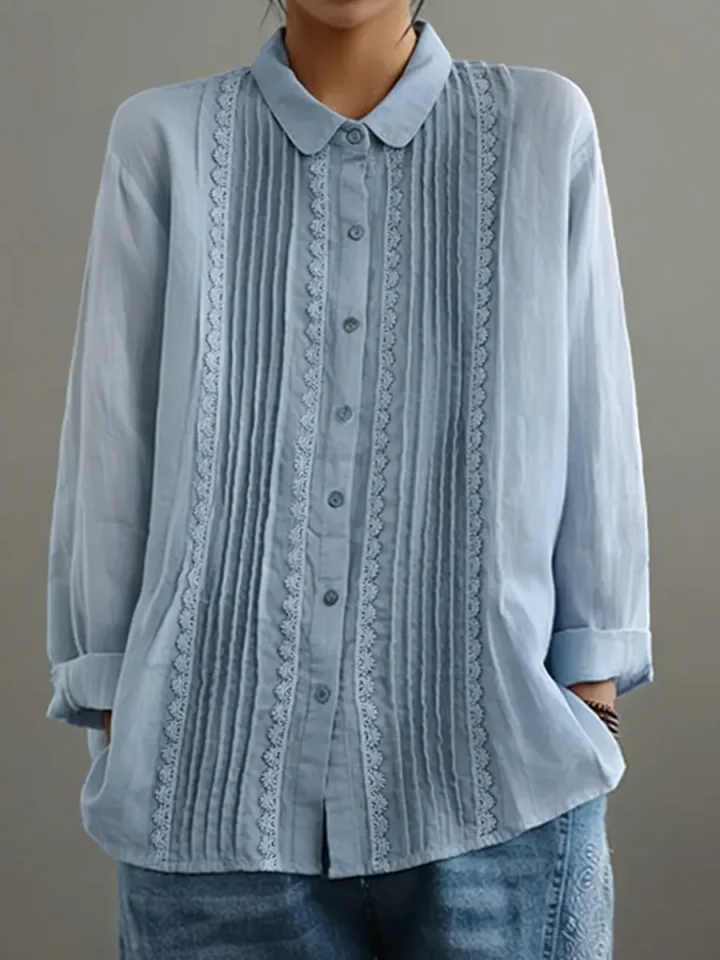 Tzurya | Blusa Abotonada de Manga Larga con Pliegues y Encaje