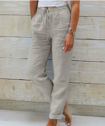 Roberta - Pantalones de Mezcla de Lino Con Cordón en La Cintura y Bolsillos Laterales
