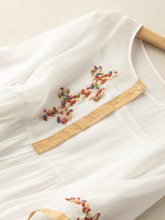 Ruth - Vestido midi Bordado Con Cuello Redondo Blanco