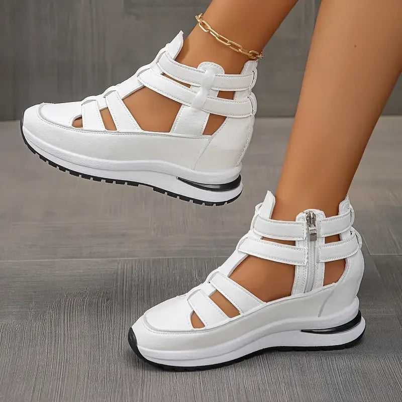 Souad - Sandalias de cuña con plataforma y tiras caladas con cremallera