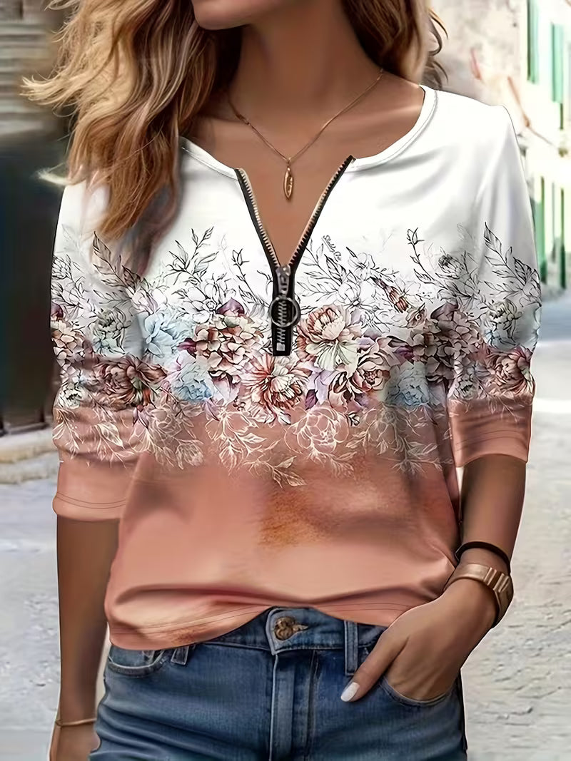 Saskette | Top Floral con Cuello de Cremallera