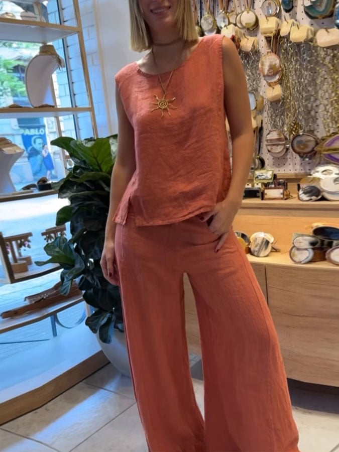 Leonila | Conjunto de Dos Piezas Top Sin Mangas y Pantalones de Pierna Ancha