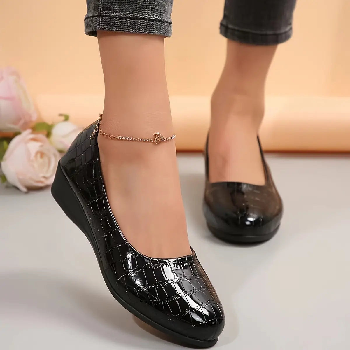 Rebekah - Zapatos Sin Cordones Con Cuña y Estampado de Cocodrilo