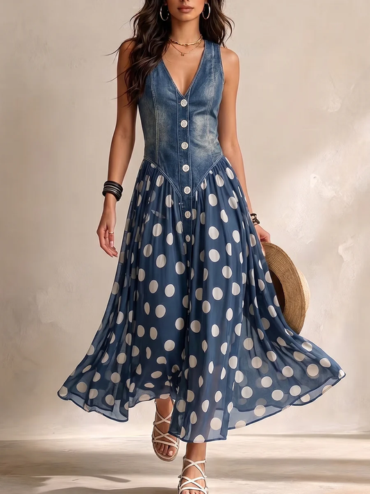 Vylina | Vestido Con Corpiño Estilo Vaquero y Lunares