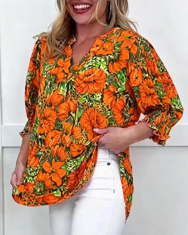 Niliza | Blusa Túnica con Cuello en V y Estampado Floral