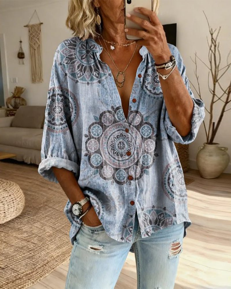 Nirita - Blusa de Manga Larga Con Estampado de Mandalas y Cierre Frontal Con Botones