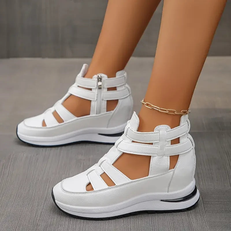 Souad - Sandalias de cuña con plataforma y tiras caladas con cremallera