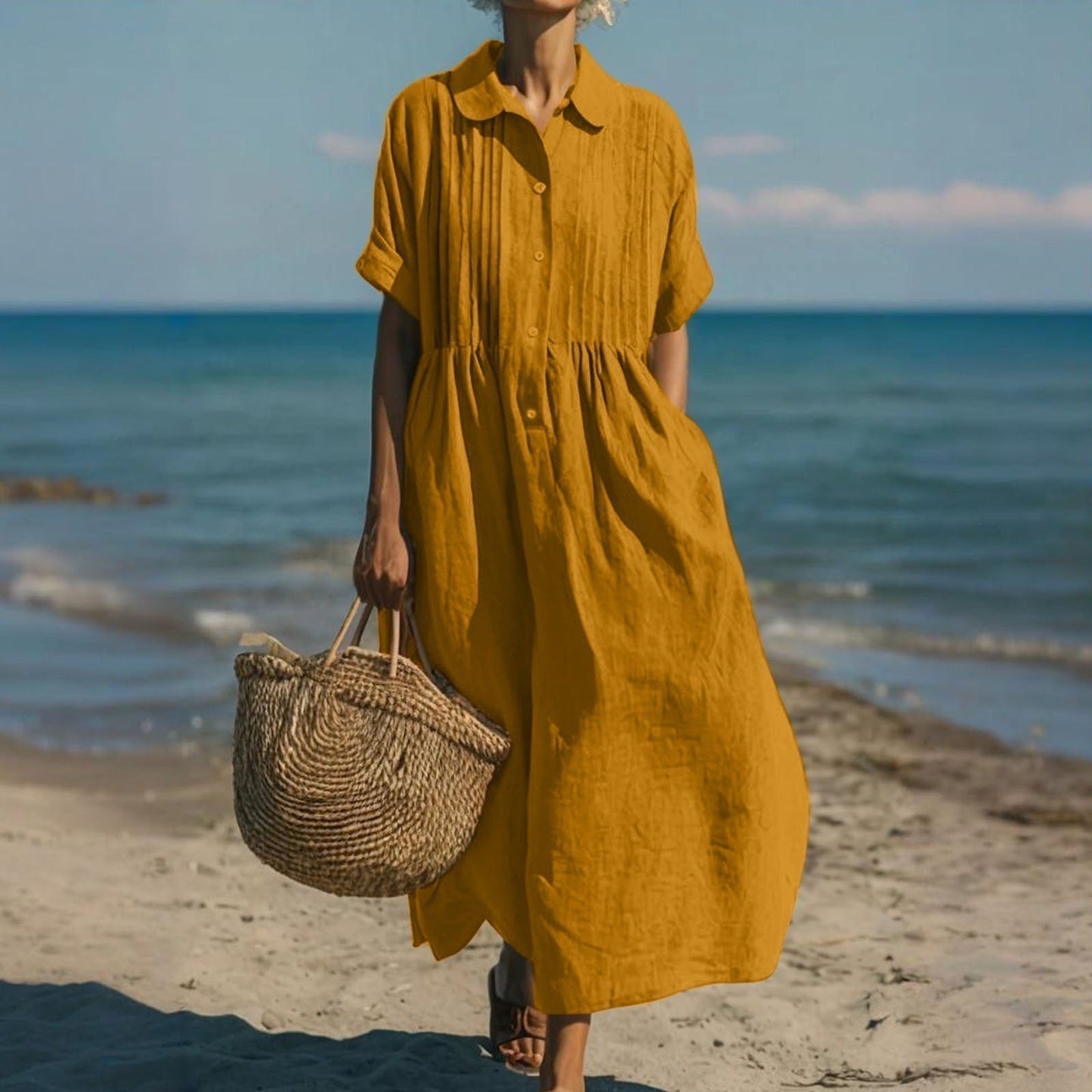 Janny - Vestido Camisero Midi Con Botones en la Parte Delantera