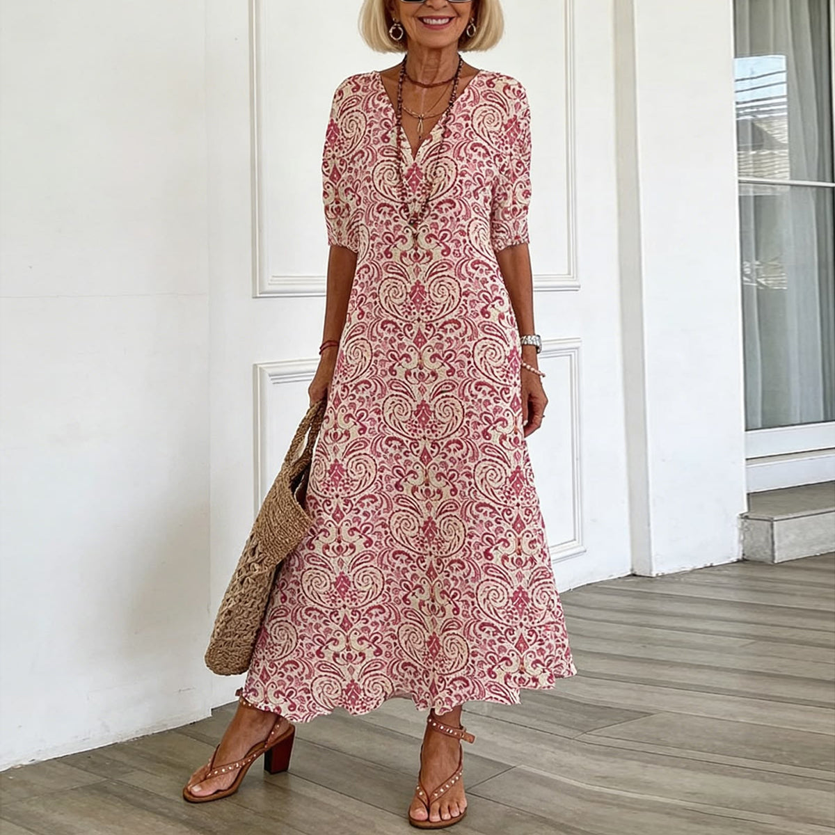 Zarmina | Vestido midi Rosa con Estampado de Paisley y Cuello en V