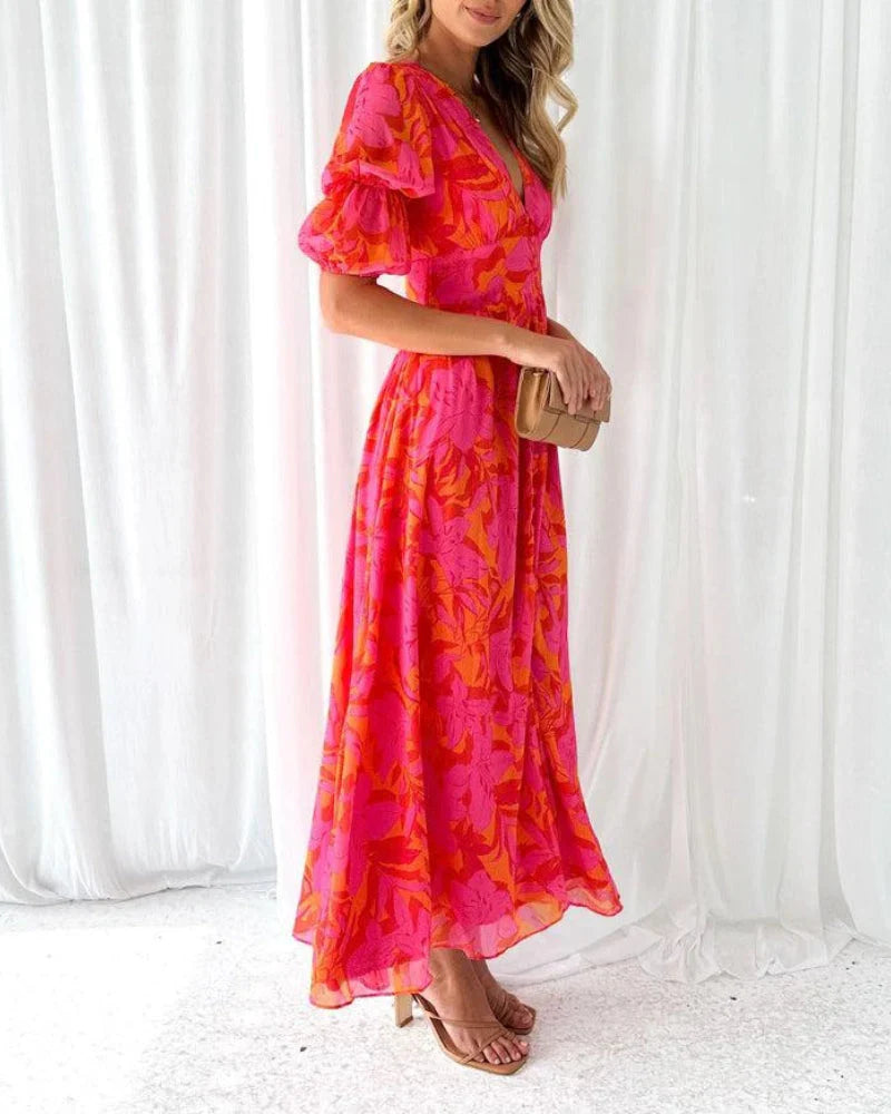 Derana | Vestido Largo Con Estampado Floral, Cuello en V Y Mangas Abullonadas