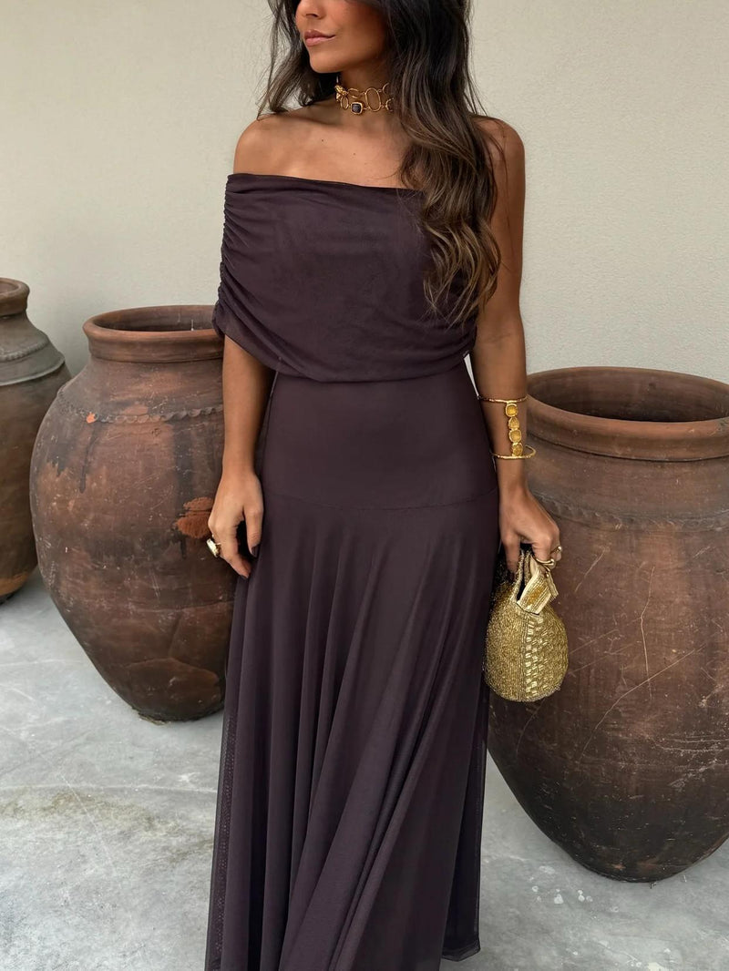 Dainia | Vestido largo con Hombros Descubiertos y bajo de Malla