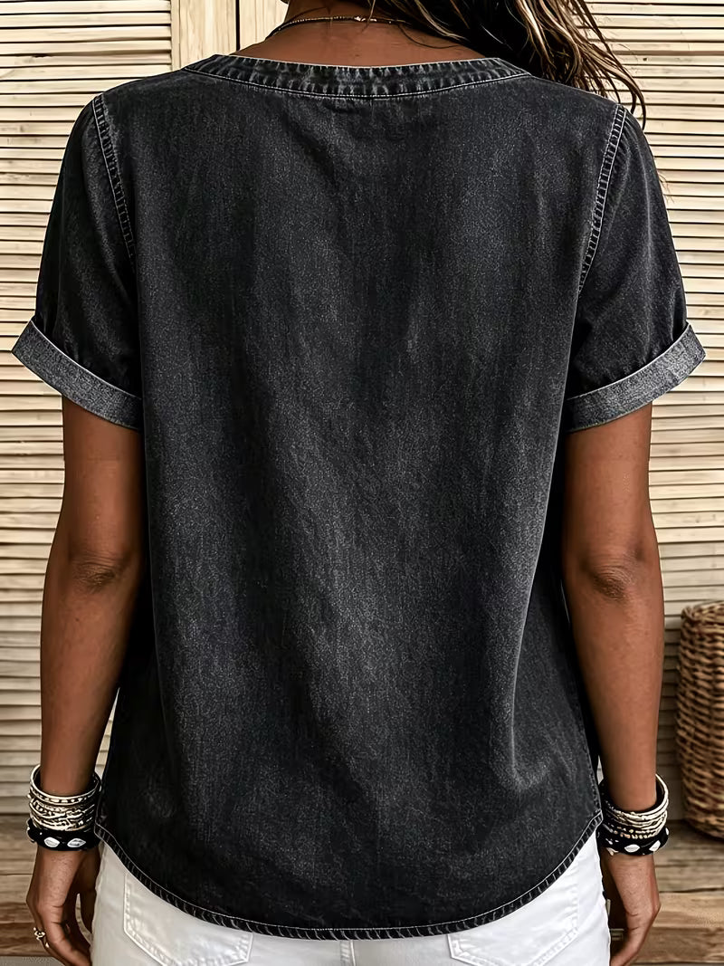 Ferina | Blusa Denim Lavado Manga Corta Botones