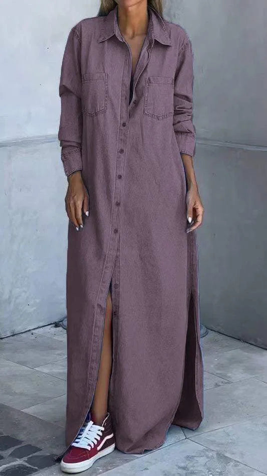 Vallina - Vestido Camisero Largo De Denim Con Cuello Y Botones en La Parte Delantera