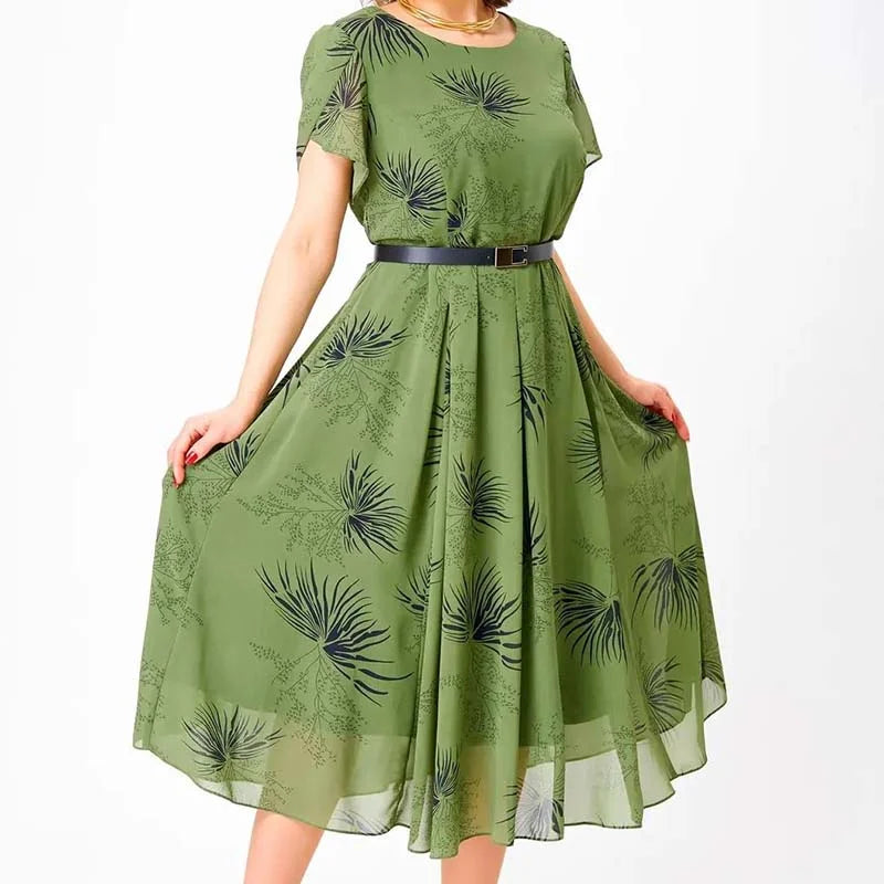 Basma | Vestido midi de Manga Corta con Estampado de hojas Verdes