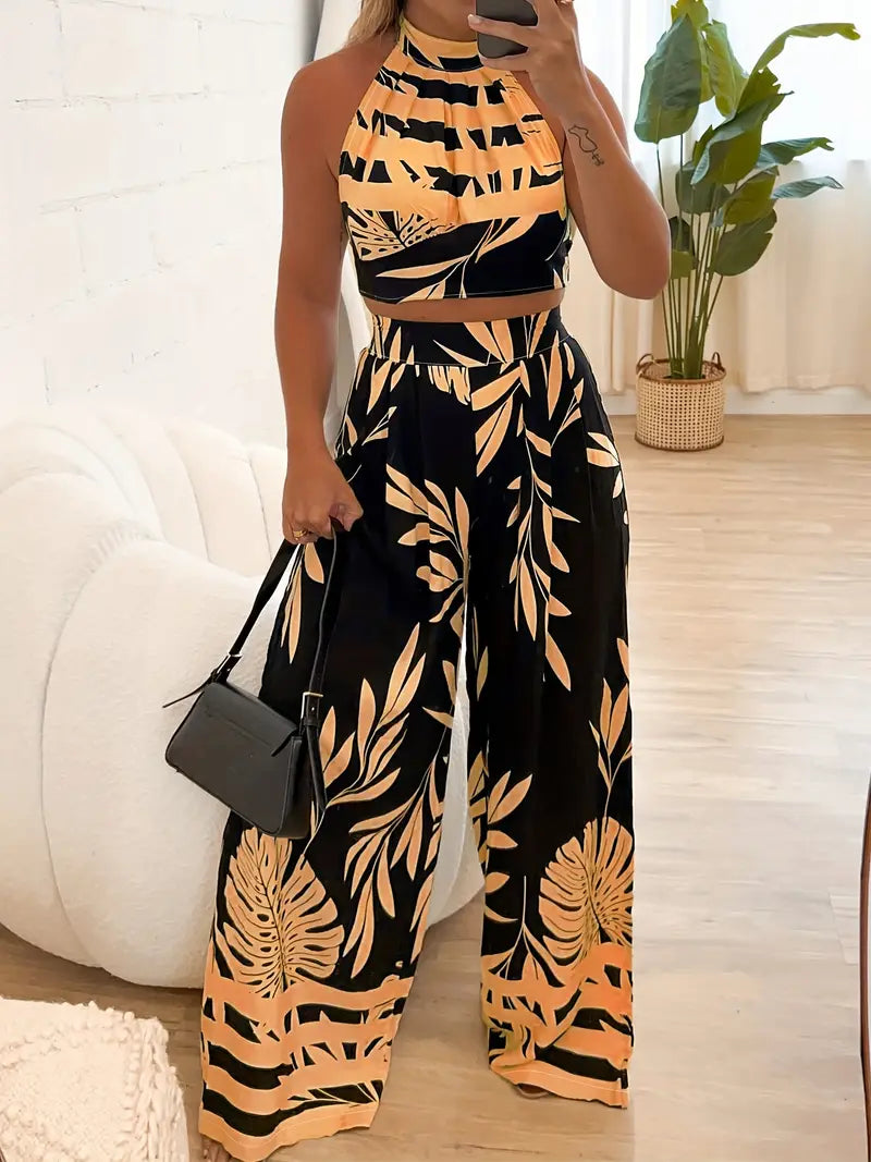 Zirina | Conjunto De Top Corto Con Cuello Halter Y Pantalón De Pierna Ancha