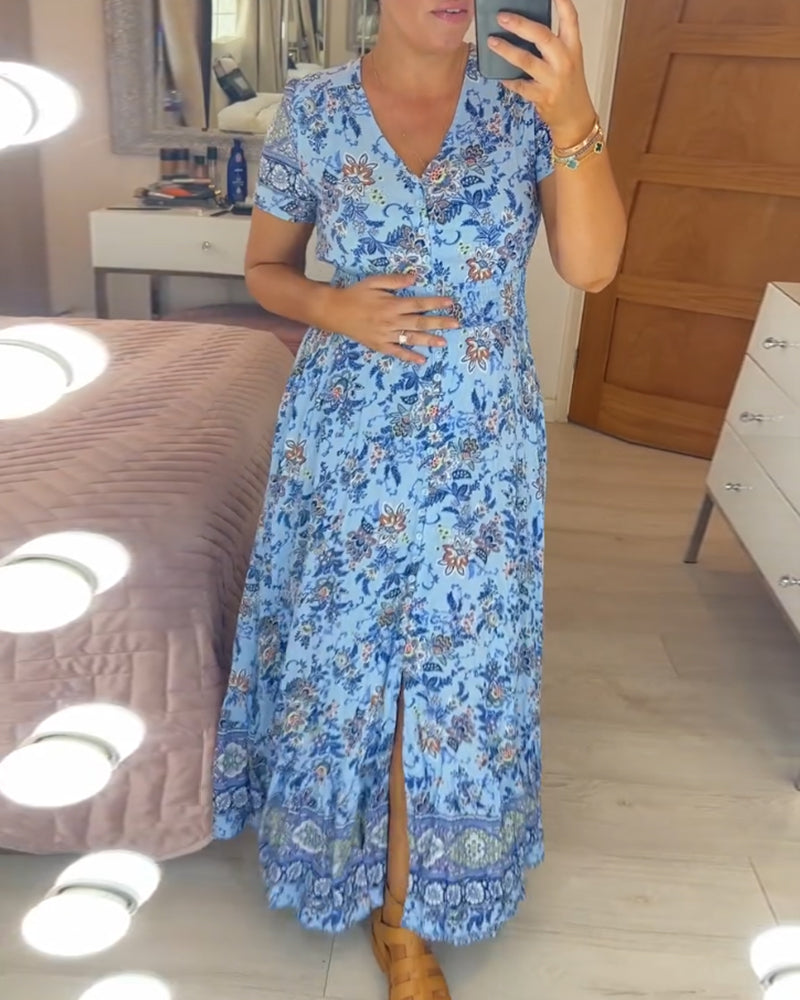 Wibia | Vestido Midi De Manga Corta Con Estampado Floral, Cuello en V Y Botones en La Parte Delantera