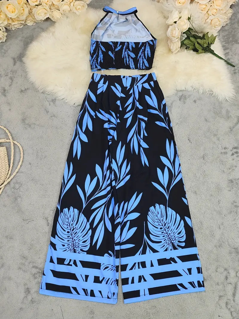 Zirina | Conjunto De Top Corto Con Cuello Halter Y Pantalón De Pierna Ancha