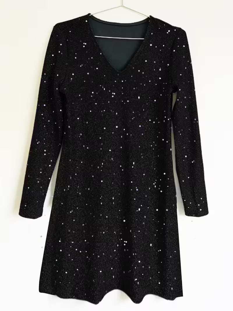 Eglantina | Vestido Lentejuelas Escote V Manga Larga
