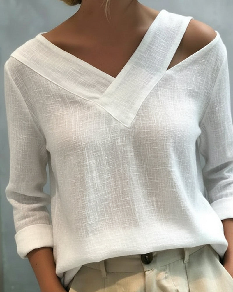 Makeeta - Blusa de Manga Larga con cuello en V Asimétrico