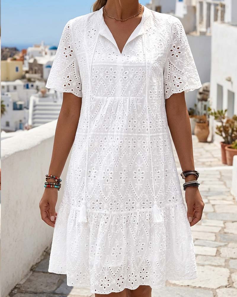 Aphinya | Vestido MIDI Con Cuello en V Y Bordado De Ojales