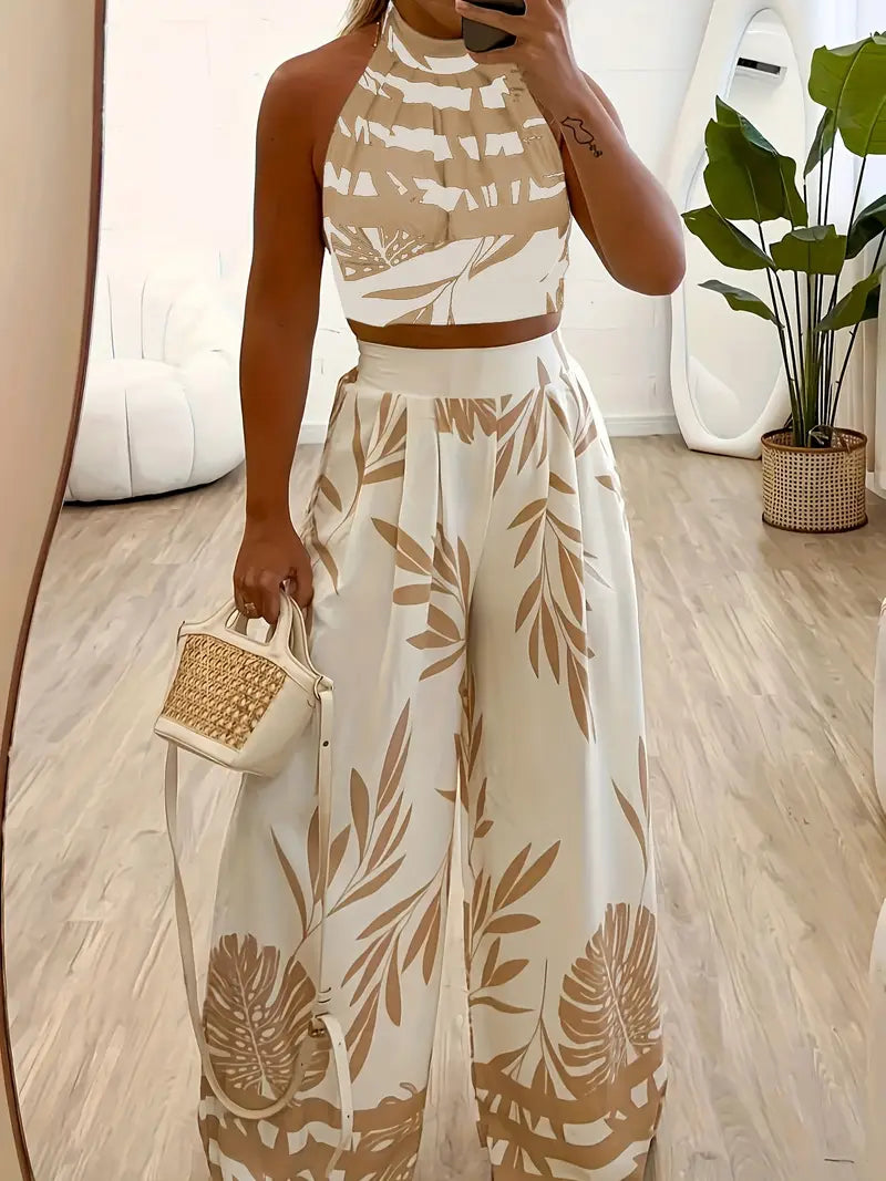 Zirina | Conjunto De Top Corto Con Cuello Halter Y Pantalón De Pierna Ancha