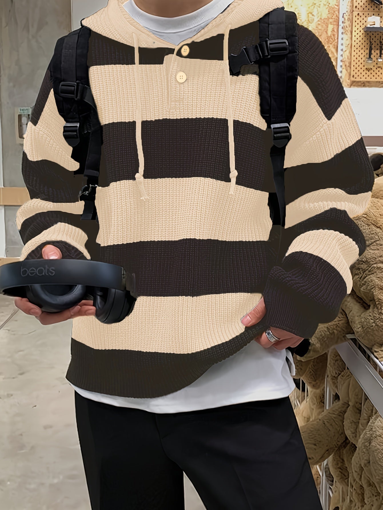 Tenzin | Sudadera Con Capucha Oversize de Punto a Rayas y Manga Larga