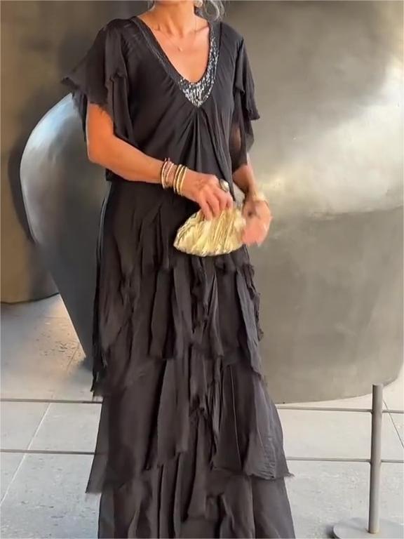 Carlijn - Vestido Largo con Volantes y Cuello en V, manga Corta