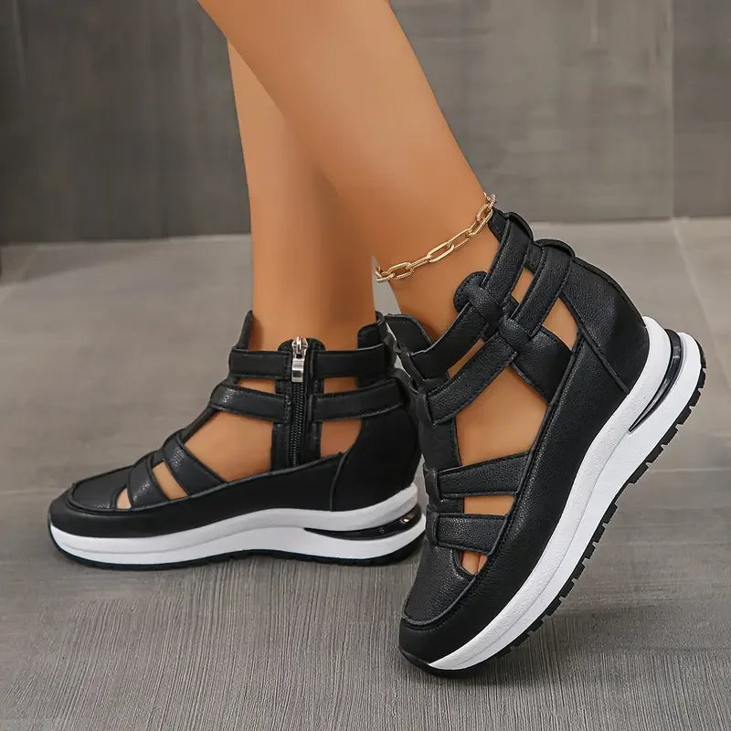 Souad - Sandalias de cuña con plataforma y tiras caladas con cremallera
