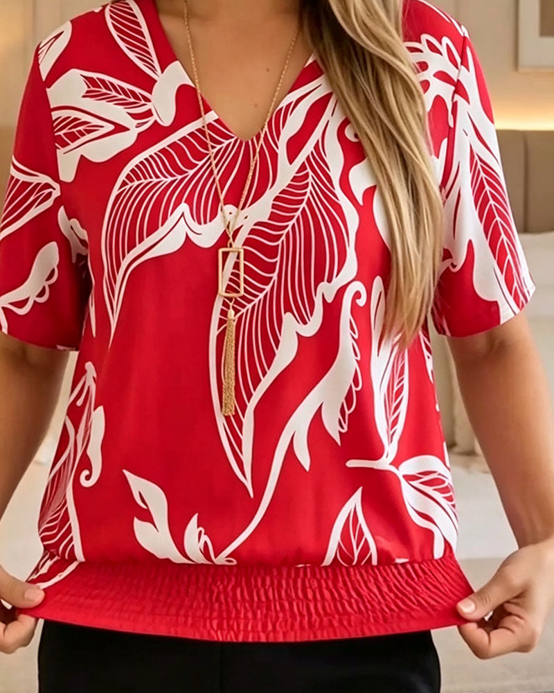 Isheba | Blusa Con Estampado de Hojas y Bajo Fruncido