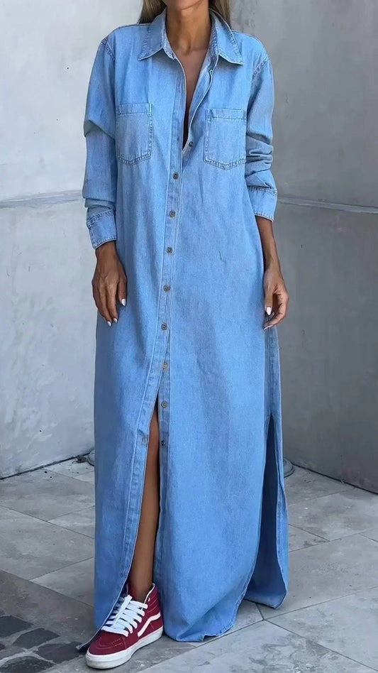 Vallina - Vestido Camisero Largo De Denim Con Cuello Y Botones en La Parte Delantera