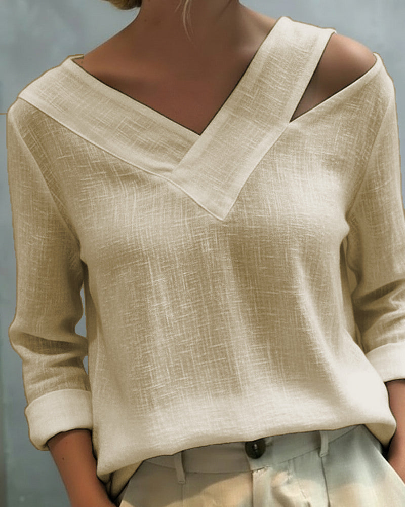 Makeeta - Blusa de Manga Larga con cuello en V Asimétrico