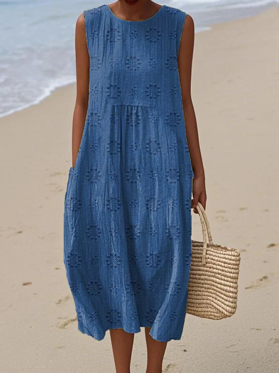 Aikaterini - Vestido Midi Sin Mangas Con Bolsillos y Textura