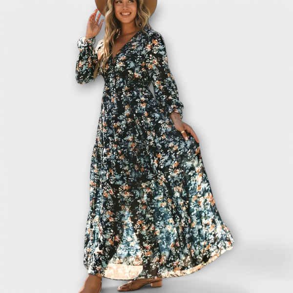 Vanna | Vestido Largo Floral con Escote en V y Manga Larga